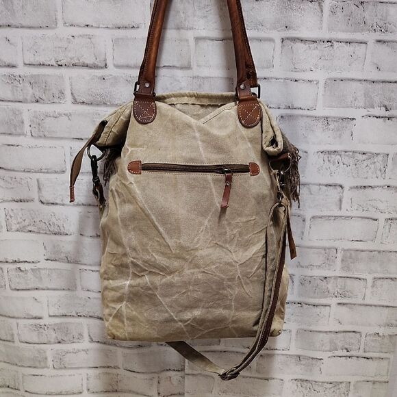 Brown and Tan Backpack with Leather Straps and Distressed Design - Picture 3 of 6